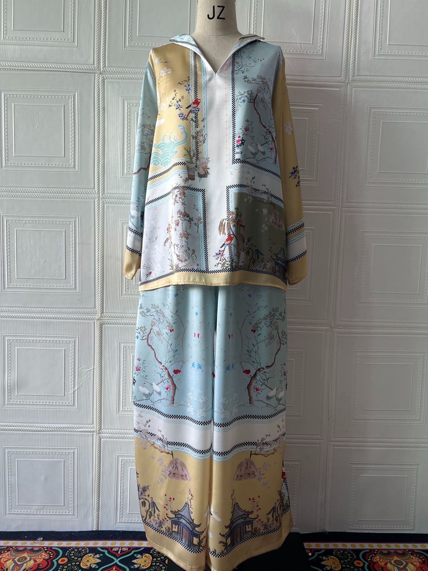 Elegant printed top+wide leg pants two-piece set