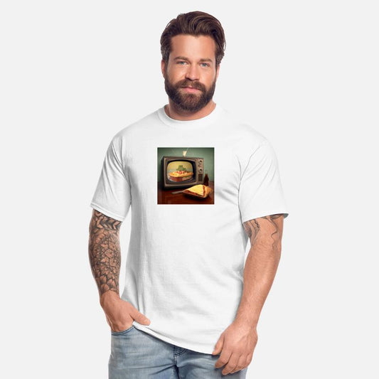 A pizza sitting on top of a pan to a television