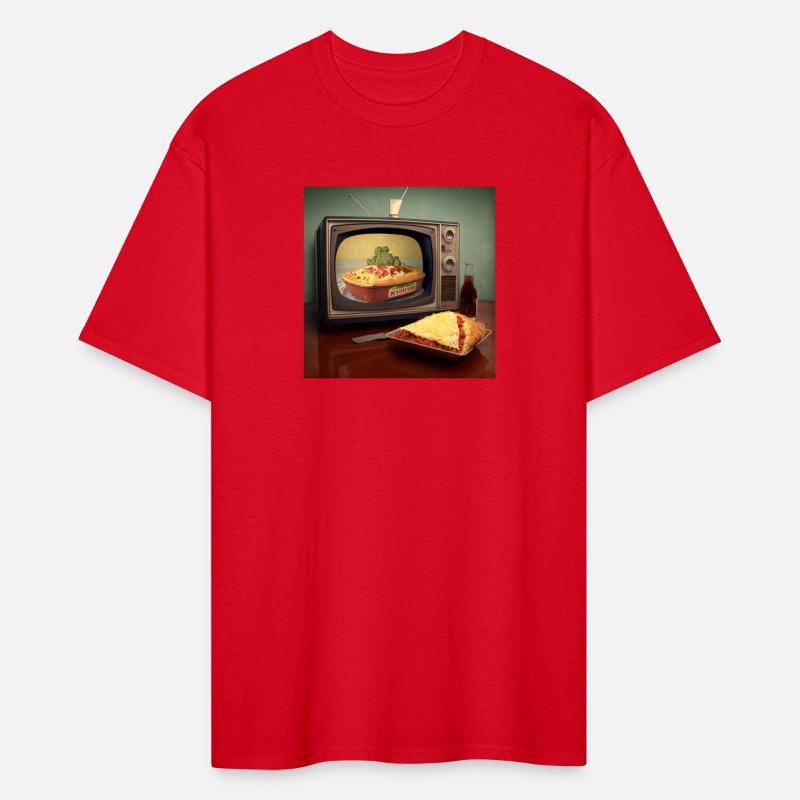 A pizza sitting on top of a pan to a television