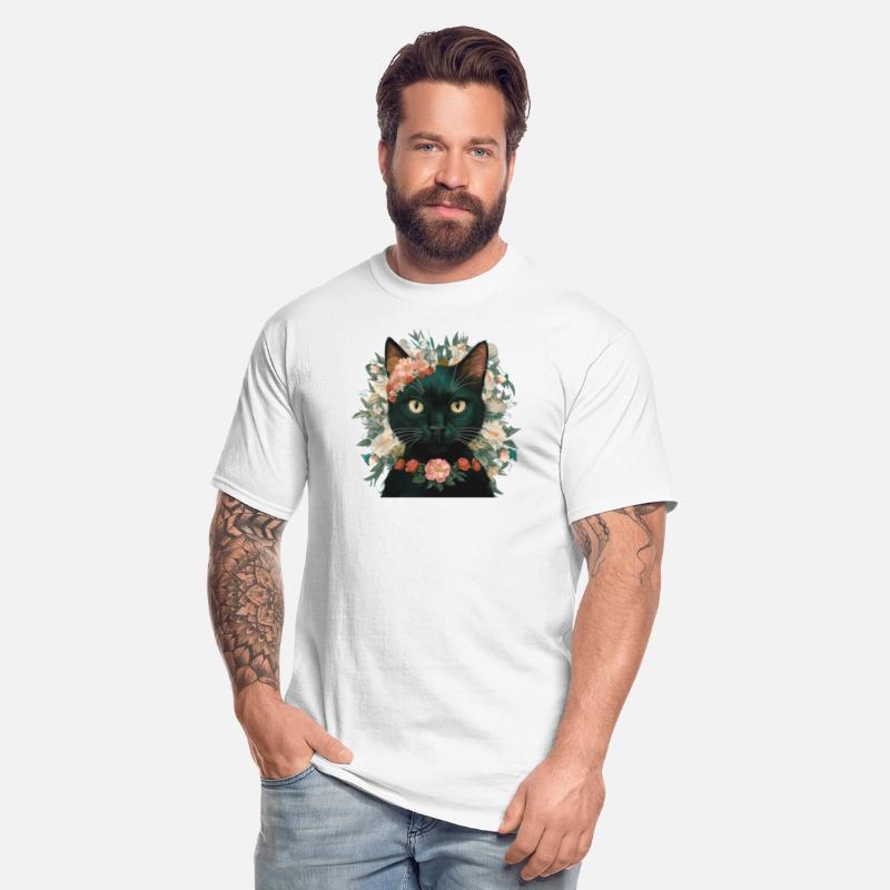 Black cat with flowers.