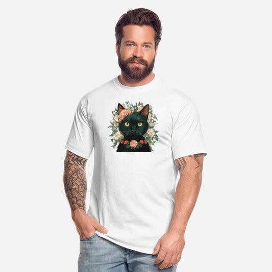 Black cat with flowers.