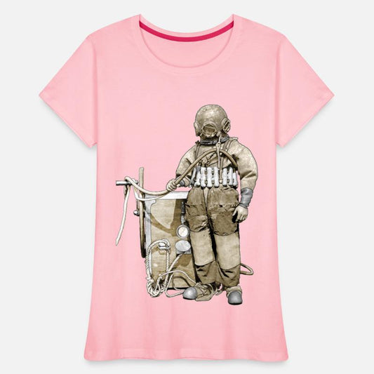 Vintage Diver with Diving Helmet and a Wheel Pump